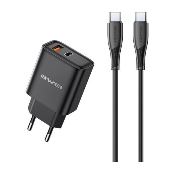 Įkroviklis Awei PD81C-EU 22.5W USB-A / USB-C + USB-C to USB-C cable 1.0m juodas
