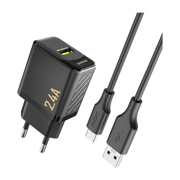 Įkroviklis Dudao A23T 12W USB-A + USB-A to USB-C cable 1.0m juodas